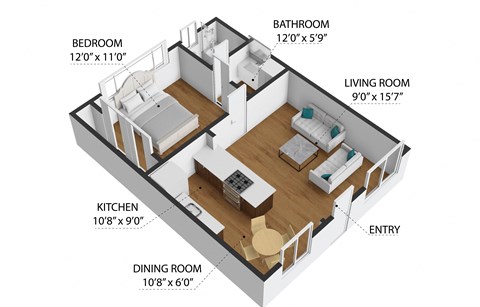 Floor plan for 1 bed, 1 bath, 700 sqft